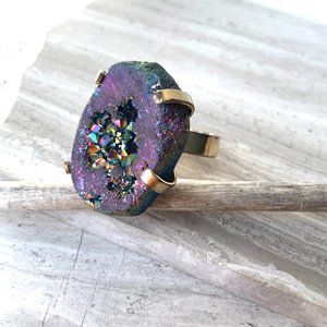 NEW~ Purple Iridescent Druzy Geode Gemstone —Adjustable Cocktail Ring — Gold